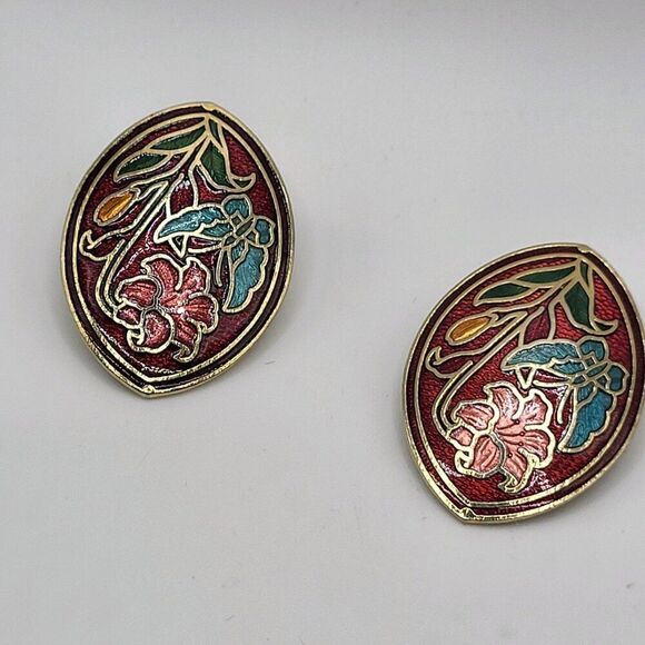 Vintage 90s Cloisonne Iris Butterfly Earrings Clip On 1.25in - Picture 2 of 3